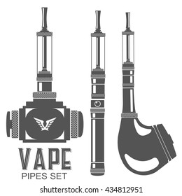 Vector illustration of vape and accessories. Icons set Isolated on white background. Vape pipe. Vape trend new culture. Illustration of Electronic cigarette. E-cig aroma