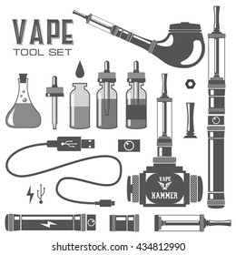 Vector illustration of vape and accessories. Icons set Isolated on white background. Vape pipe service. Vape trend new culture. Illustration of Electronic cigarette. E-cig aroma, data cable