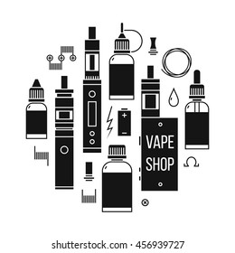 Vector illustration of vape and accessories for vape shop, e-cigarette store. Vape icons set Isolated on white background. E-cig icons set. logo creation kit. T-shirt print, poster design