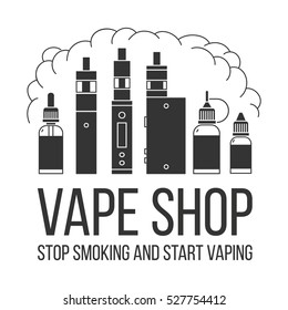 Vector illustration of vape and accessories for vape shop, e-cigarette store. Vape icons set Isolated on white background. T-shirt print, poster design