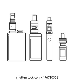 Vector illustration of vape. Blak print on white background. Illustration of electronic cigarette. Vape trend. 