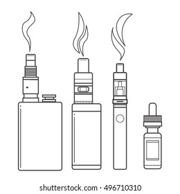 Vector illustration of vape. Blak print on white background. Illustration of electronic cigarette. Vape trend. 