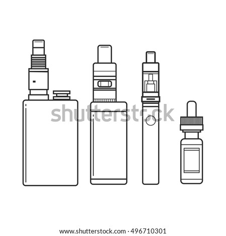 Vector illustration of vape. Blak print on white background. Illustration of electronic cigarette. Vape trend. 