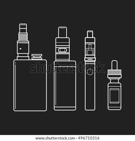 Vector illustration of vape. Blak print on white background. Illustration of electronic cigarette. Vape trend. 