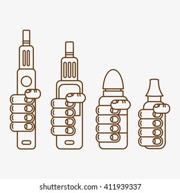 Vector illustration of vape. Dark print on a light background, Vector illustration of a vape,  the device in the hands of a person, hand