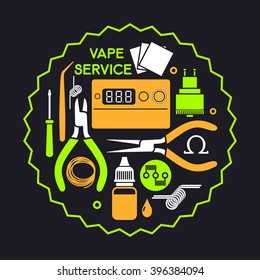 Vector illustration of vape service. Vape icons set Isolated on black background. Vape trend. Vector illustration. T-shirt print, poster design