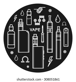 Vector illustration of vape. White print on dark background. Set of Vaping icons in thin line style. Vape vector illustration. Vape trend. Illustration of Electronic cigarette. E-cig icons set