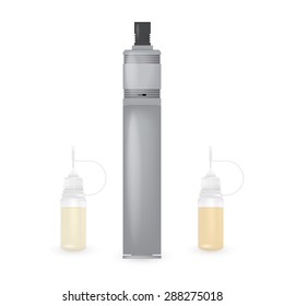 Vector illustration of vaping kit - mechanical mod with bottles with liquid