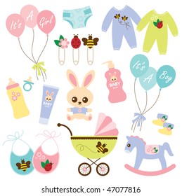 Vector illustration of a variety of baby products.