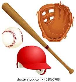 Vector illustration of a variety of baseball equipment: a bat, a ball, a glove and a helmet.