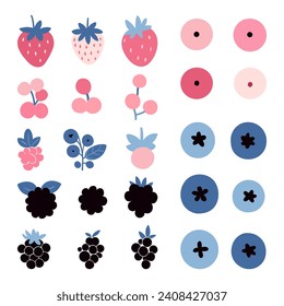 Vector illustration of a variety of berries in a stylized design using a pastel color palette on a white background.