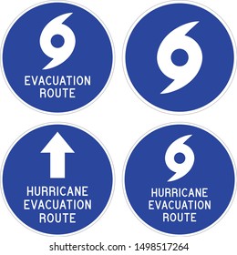 Vector illustration of a variety of blue and white hurricane evacuation signs.