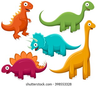 Vector illustration of a variety of brightly-colored happy cartoon dinosaurs.