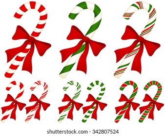 Vector illustration of a variety of candy canes with varying color and stripe size. Uses gradient mesh.