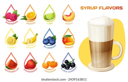 Vector illustration of a variety of colorful syrup flavors and a cup of coffee. Syrup drops with various flavors vector icons collection. Flavors chart for ice-cream, coffee, alcohol drinks isolated