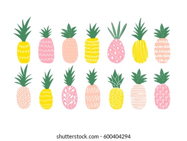 The vector illustration of the variety of different colored pineapples. 