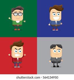 vector illustration of a variety of emotions, grimassy, face shape and hairstyle, young men accessories.