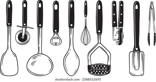 Vector illustration a variety of essential kitchen utensils, perfect for culinary-themed designs or kitchenware branding. The image includes a spatulas, spoons, and more in a clean and modern style.