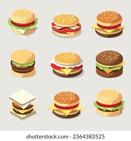 A vector illustration of a variety of hamburgers laid out on a solid gray background