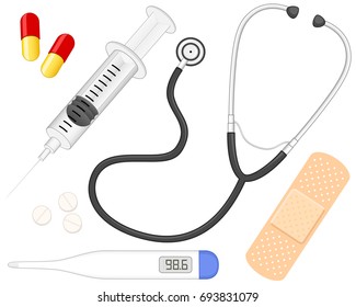 Vector illustration of a variety of healthcare-related items.