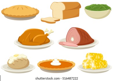 Vector illustration of a variety of holiday (Thanksgiving and Christmas) foods.