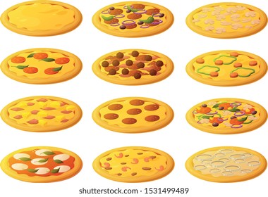 Vector illustration of a variety of Italian classic pizzas with toppings.