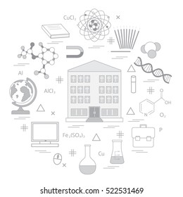 Vector illustration of variety scientific, education elements in a circle. Including icons of school, globe, pencil, magnet, flask, molecule and other.