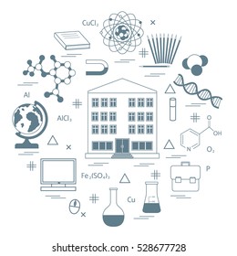 Vector illustration of variety scientific, education elements in a circle. Including icons of school, globe, pencil, magnet, flask, molecule and other.