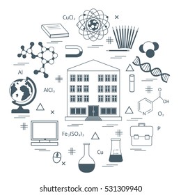 Vector illustration of variety scientific, education elements in a circle. Including icons of school, globe, pencil, magnet, flask, molecule and other.