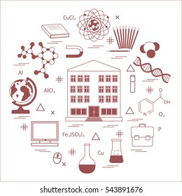 Vector illustration of variety scientific, education elements in a circle. Including icons of school, globe, pencil, magnet, flask, molecule and other.