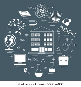 Vector illustration of variety scientific, education elements in a circle. Including icons of school, globe, pencil, magnet, flask, molecule and other.