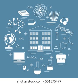 Vector illustration of variety scientific, education elements in a circle. Including icons of school, globe, pencil, magnet, flask, molecule and other.
