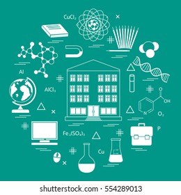 Vector illustration of variety scientific, education elements in a circle. Including icons of school, globe, pencil, magnet, flask, molecule and other. 