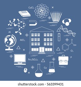 Vector illustration of variety scientific, education elements in a circle. Including icons of school, globe, pencil, magnet, flask, molecule and other. 