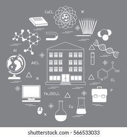 Vector illustration of variety scientific, education elements in a circle. Including icons of school, globe, pencil, magnet, flask, molecule and other. 