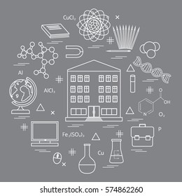 Vector illustration of variety scientific, education elements in a circle. Including icons of school, globe, pencil, magnet, flask, molecule and other. 