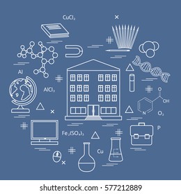 Vector illustration of variety scientific, education elements in a circle. Including icons of school, globe, pencil, magnet, flask, molecule and other. 