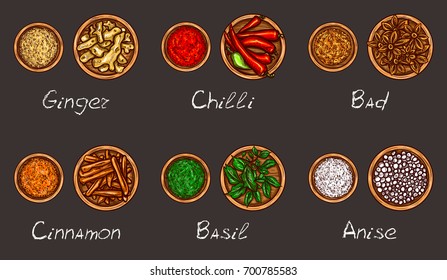 Vector illustration of a variety of spices and herbs in wooden bowls whole and ground on a black background, top view. Template, design element