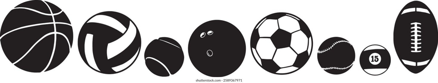 Vector illustration a variety of sports balls, perfect for athletic themed designs, sports event branding in a clean and modern style. Ideal for sports posters or fitness apps.