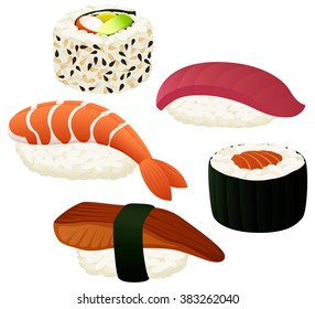 Vector illustration of a variety of sushi.