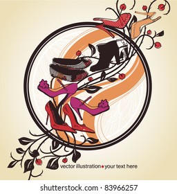 vector illustration with a variety of trendy shoes and boots on a floral background