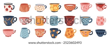 Vector illustration variety of uniquely patterned vintage cups and mugs, each with distinct shapes and designs. Teacup set English afternoon tea ceremony retro creativity in ceramics and drinkware