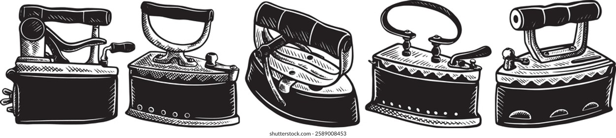 Vector illustration a variety of vintage iron in a clean and modern style. Ideal for historical documents, antique shop branding, or vintage inspired artwork.