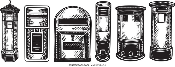 Vector illustration a variety of vintage postboxes, perfect for communication themed designs, postal service branding, or vintage inspired projects such as historical documents.