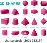 Vector illustration of various 3D geometric shapes in vibrant pink, showcasing different forms like prisms, pyramids, and cones