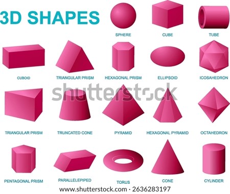 Vector illustration of various 3D geometric shapes in vibrant pink, showcasing different forms like prisms, pyramids, and cones