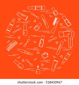 Vector illustration various accessories for the care of your body arranged in a circle: hairdryer, comb, cream, nail polish and other. Design element for postcard, banner, flyer, poster or print. 