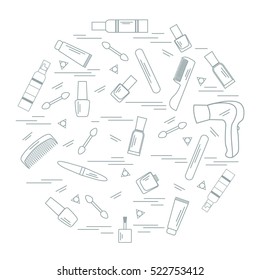 Vector illustration various accessories for the care of your body arranged in a circle: hairdryer, comb, cream, nail polish and other. Design element for postcard, banner, flyer, poster or print. 