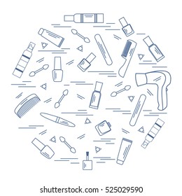 Vector illustration various accessories for the care of your body arranged in a circle: hairdryer, comb, cream, nail polish and other. Design element for postcard, banner, flyer, poster or print. 