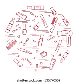 Vector illustration various accessories for the care of your body arranged in a circle: hairdryer, comb, cream, nail polish and other. Design element for postcard, banner, flyer, poster or print. 